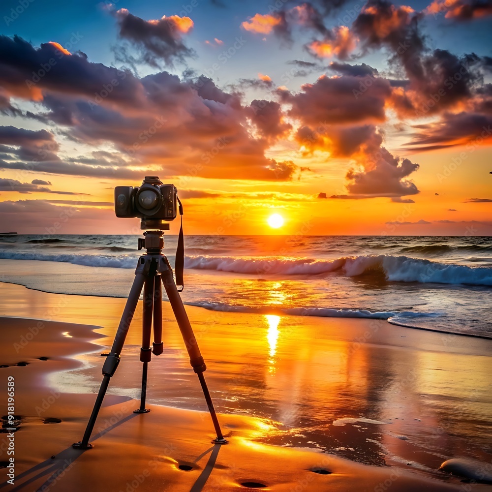 Photo camera on tripod at sunset by the sea
Photo camera on tripod at sunset by the sea