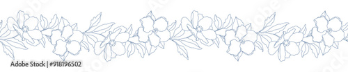 Floral seamless border with branches, flowers and leaves. Hand drawn botanical pattern in line art style, beautiful blooming flower garland, vine. Vector illustration