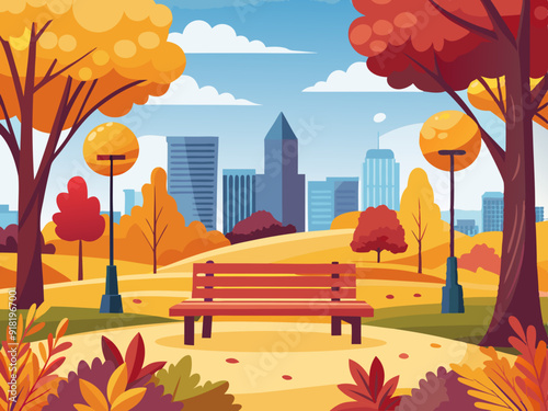 Autumn city park with bench. Autumn landscape. Vector illustration