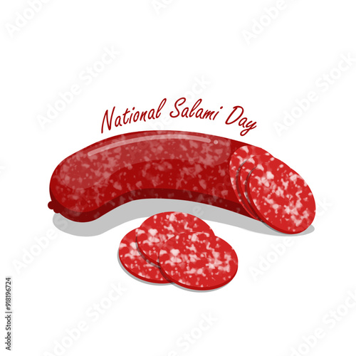 National Salami Day event food banner. A Salami is a cured, fermented and dried sausage with its slices on a white background to celebrate on September 7th