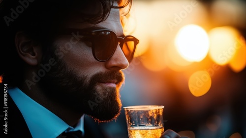 A well-dressed man in a suit and glasses holds a drink in a transparent glass, basking in the golden glow of the sunset, capturing a moment of sophistication and leisure.