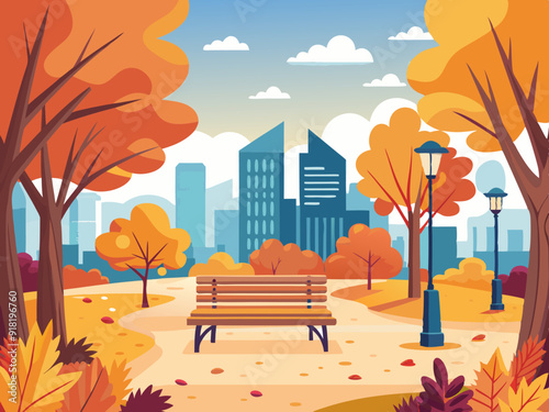 Autumn city park with bench. Autumn landscape. Vector illustration
