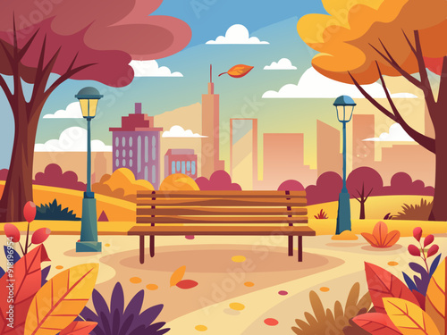 Autumn city park with bench. Autumn landscape. Vector illustration