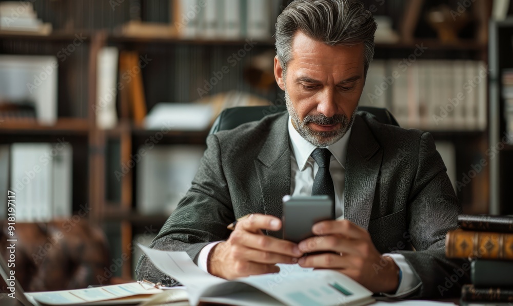 Business man reading a message on a mobile phone in an office
