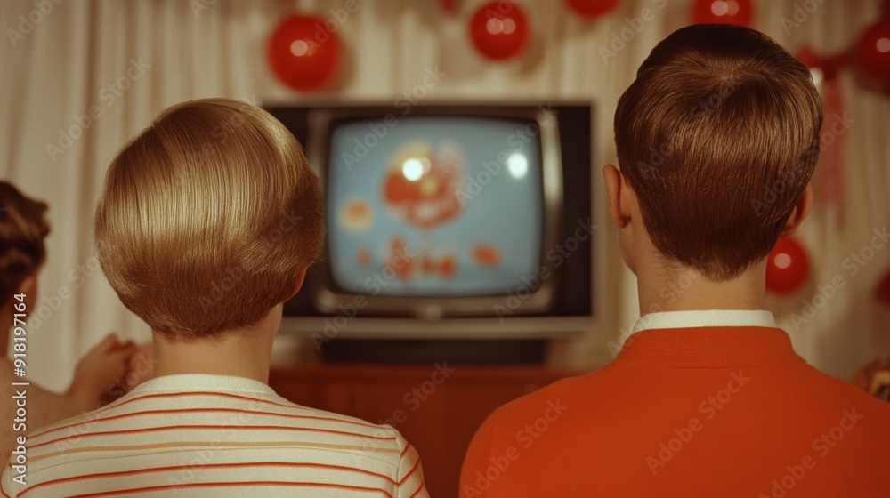 Wide angle shot of a retro Thanksgiving parade on TV, with a family gathered around and vintage decorations in the room Wide angle shot of a retro Thanksgiving parade on TV, with a family gathered around and vintage decorations in the room
