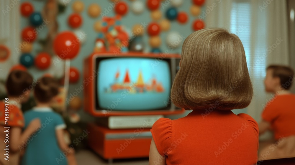Wide angle shot of a retro Thanksgiving parade on TV, with a family gathered around and vintage decorations in the room Wide angle shot of a retro Thanksgiving parade on TV, with a family gathered around and vintage decorations in the room