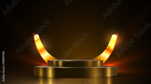 Award round podium on dark background. Vector golden symbol of victory, achievement, success, rewarding of winner.