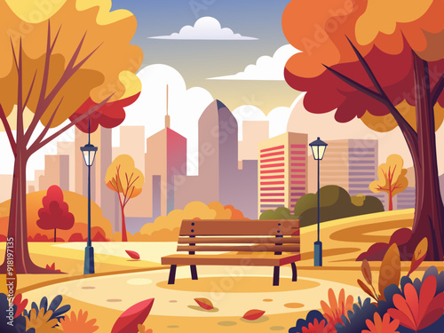 Autumn city park with bench. Autumn landscape. Vector illustration