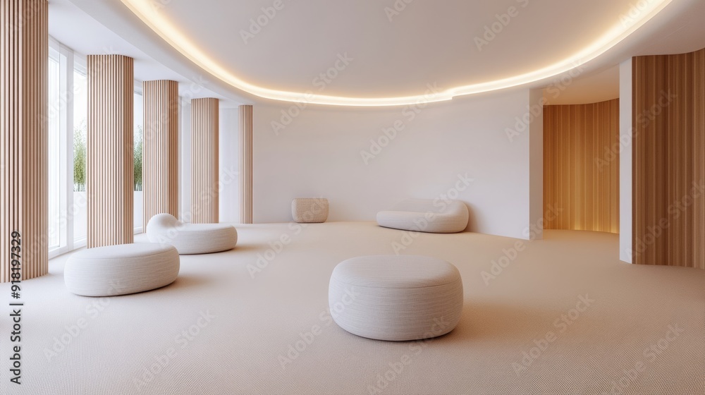 Wide angle shot of a sensory-friendly room in a museum with soft lighting, comfortable seating, and calming colors, providing a serene space Wide angle shot of a sensory-friendly room in a museum with soft lighting, comfortable seating, and calming colors, providing a serene space