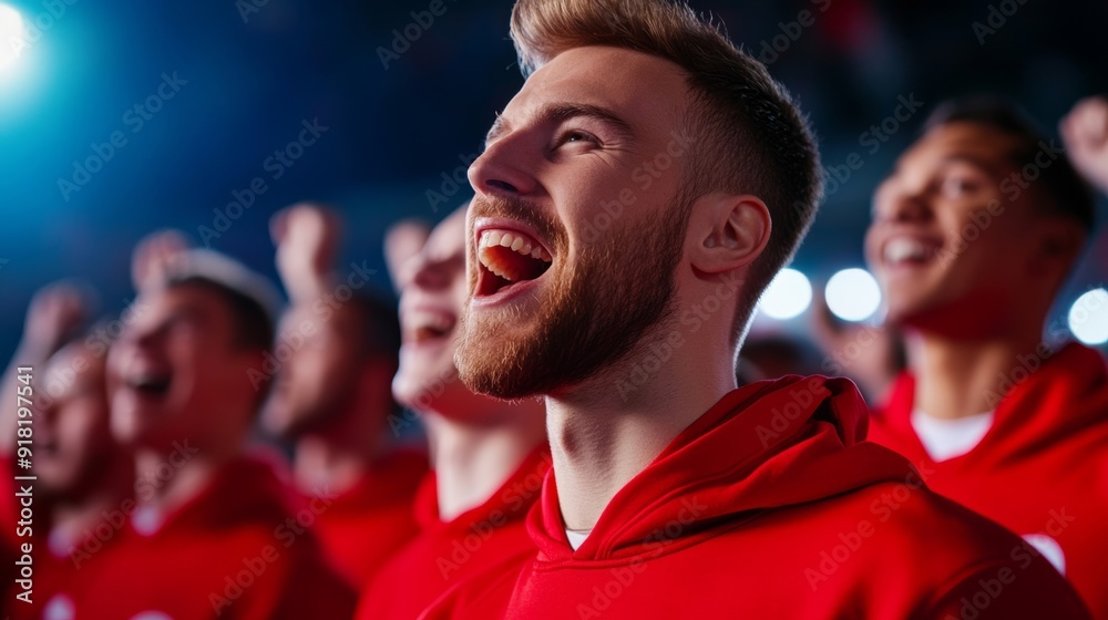 Wide angle shot of a sports team wearing matching sweatshirts, cheering at an event, showcasing unity and team spirit Wide angle shot of a sports team wearing matching sweatshirts, cheering at an event, showcasing unity and team spirit