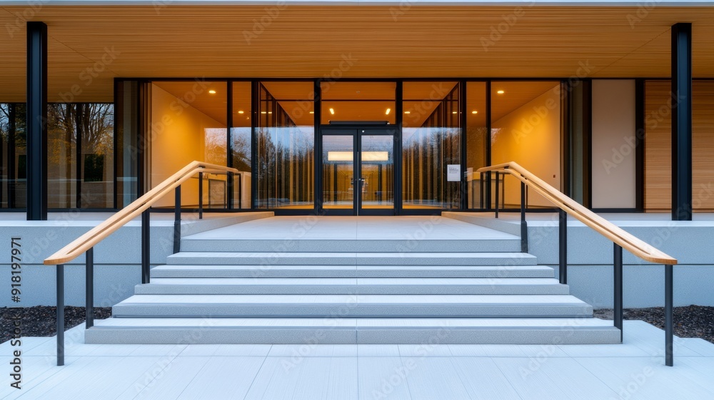 Wide angle shot of an accessible museum entrance with ramps, automatic doors, and clear signage, showcasing inclusivity Wide angle shot of an accessible museum entrance with ramps, automatic doors, and clear signage, showcasing inclusivity