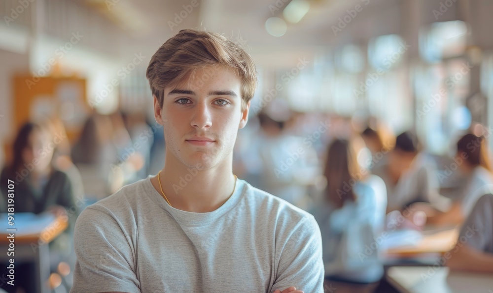 Obraz premium young man in a university high school with blurred group of students studying in the classroom, education and learning concept