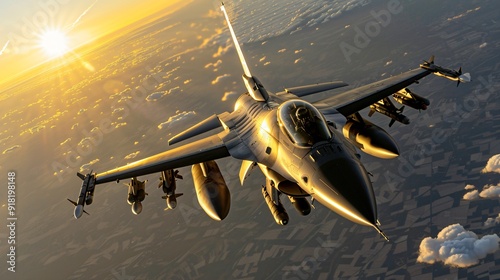 F-16 Fighter Jet Soaring Through Sunset Skies