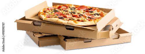 Stack of carton pizza boxes with pizza on top.  Faint shadow for 3d effect. Cut out, isolated, transparent png, add your own background.