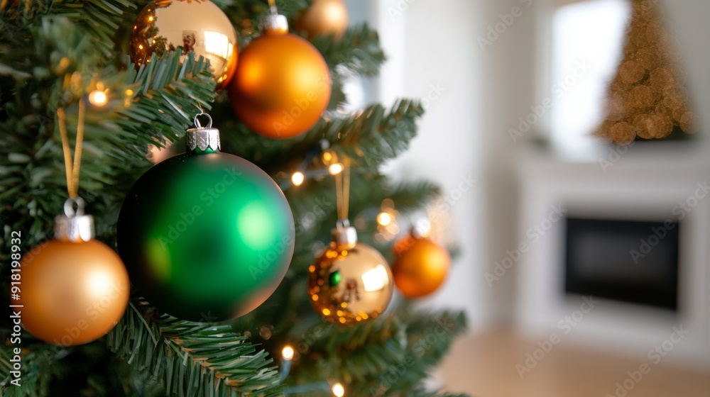 Wide-angle shot of a Christmas tree decorated with green and orange ornaments representing Ireland, fairy lights creating a cozy glow Wide-angle shot of a Christmas tree decorated with green and orange ornaments representing Ireland, fairy lights creating a cozy glow