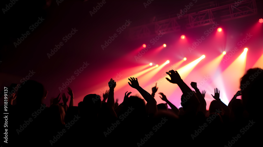 Silhouettes of unrecognizable people holding hands up and having fun during amazing music performance. Generative AI Silhouettes of unrecognizable people holding hands up and having fun during amazing music performance. Generative AI