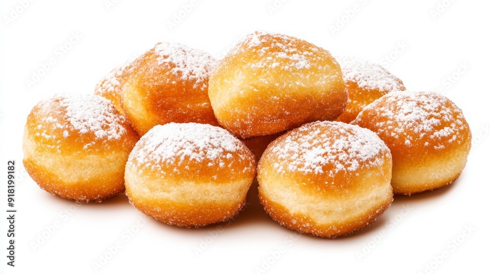 Wide-angle shot of Nigerian puff-puff, deep-fried dough balls served with a dusting of powdered sugar, isolated on white background Wide-angle shot of Nigerian puff-puff, deep-fried dough balls served with a dusting of powdered sugar, isolated on white background