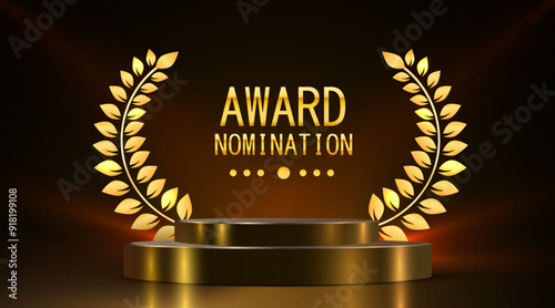 Award round podium with laurel wreath on dark background. Vector golden symbol of victory, achievement, success, rewarding of winner.