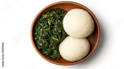 Wide-angle shot of Kenyan ugali with sukuma wiki, a maize porridge served with sautéed collard greens, isolated on white background  photo