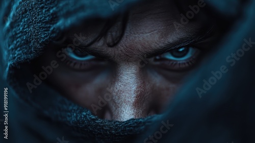 A blurry close-up image of a dark hooded cloak, enveloping one in a mysterious and shadowy feel, evoking a sense of curiosity and suspense.