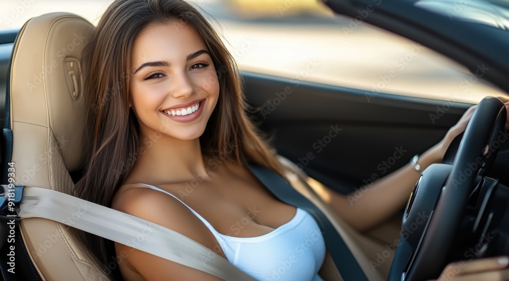 A beautiful woman is sitting in the driver's seat of her car, smiling and fastening her seat belt. She has long brown hair and is dressed in white. A beautiful woman is sitting in the driver's seat of her car, smiling and fastening her seat belt. She has long brown hair and is dressed in white.