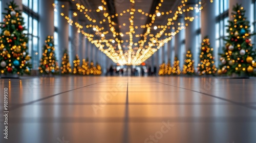 wide-angle view of a departure gate decorated with Christmas lights and ornaments, travelers waiting to board 