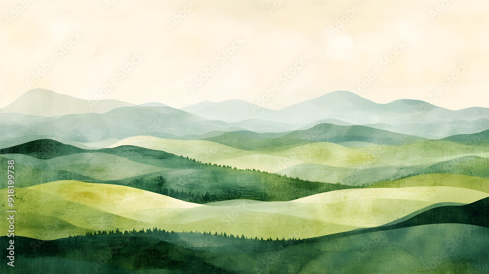  An illustration of an abstract rural landscape with rolling hills and soft greens, 