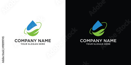 Green Leaf Logo Design with Modern Water Drop Concept, Water Drop and Green Leaf Symbol Illustration