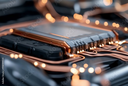 Close-up of a circuit board featuring intricate copper lines and glowing lights, showcasing technology and innovation.