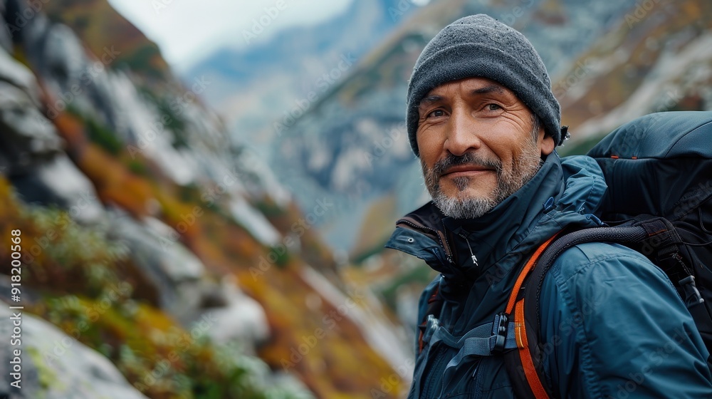 Mature Male Hiker in Mountainous Landscape with Autumn Foliage and Backpack, Outdoor Adventure and Exploration Mature Male Hiker in Mountainous Landscape with Autumn Foliage and Backpack, Outdoor Adventure and Exploration