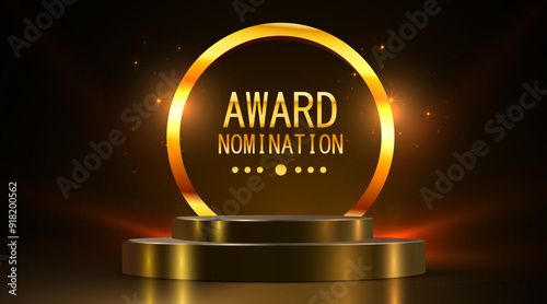 Award round podium on dark background. Vector golden symbol of victory, achievement, success, rewarding of winner.