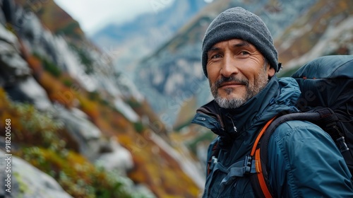 Mature Male Hiker in Mountainous Landscape with Autumn Foliage and Backpack, Outdoor Adventure and Exploration