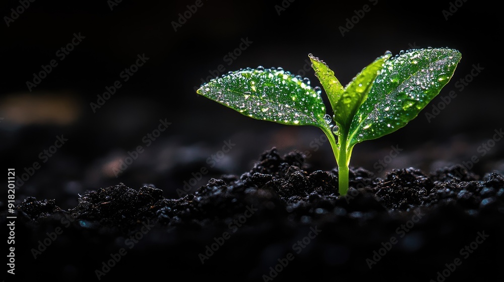 A young plant emerging from dark soil, with tiny water droplets on its leaves, highlighting growth and renewal. A young plant emerging from dark soil, with tiny water droplets on its leaves, highlighting growth and renewal.