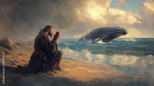 Bible's Old Testament recounts the story of Jonah and whale, a religious text that illustrates power of God's holy spirit, embraced by church and shared through the gospel. jonah, whale, bible, old. photo