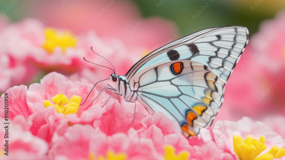 A butterfly feeds on nectar from a bright pink flower in a colorful garden