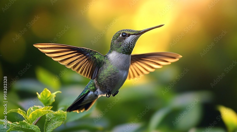 Fototapeta premium Hummingbird flapping its wings while flying in nature