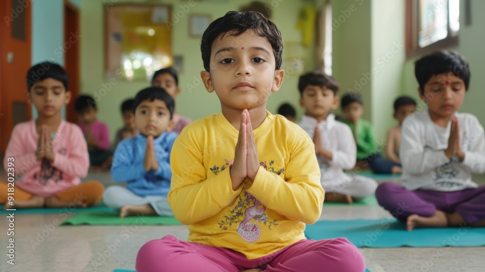 Children are practicing yoga poses together, focusing on mindfulness and relaxation in a classroom setting Children are practicing yoga poses together, focusing on mindfulness and relaxation in a classroom setting