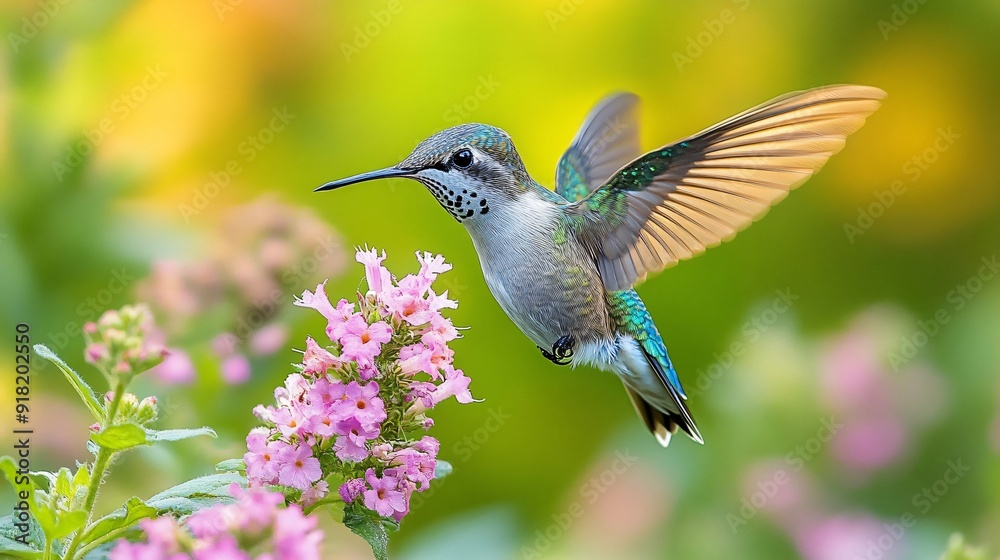 Fototapeta premium Hummingbird hovering near pink flower in garden