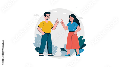 Illustration of a man and woman engaged in a discussion or debate, pointing fingers at each other, set against a simple, nature-inspired background.