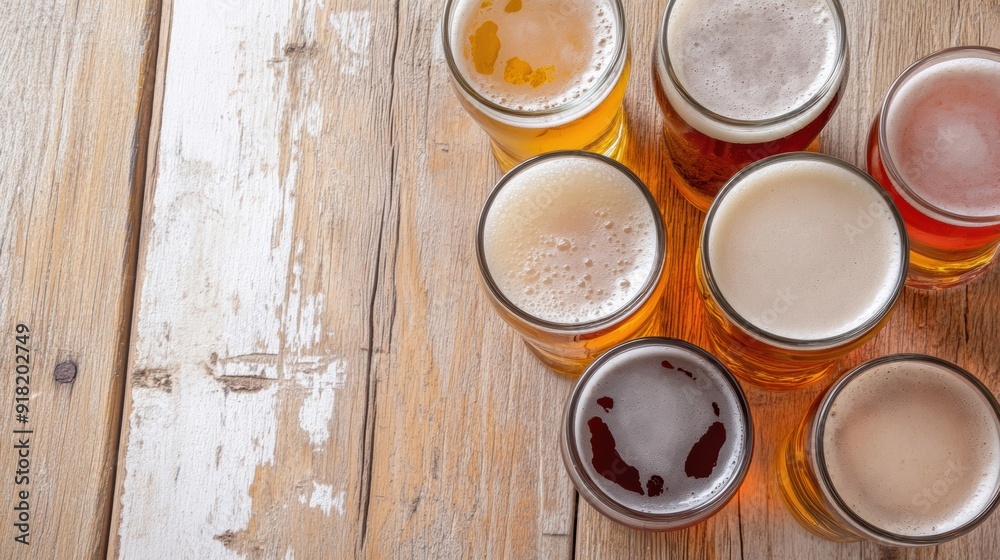 A variety of beer glasses are arranged on a rustic wooden table, showcasing an assortment of craft brews in different colors A variety of beer glasses are arranged on a rustic wooden table, showcasing an assortment of craft brews in different colors