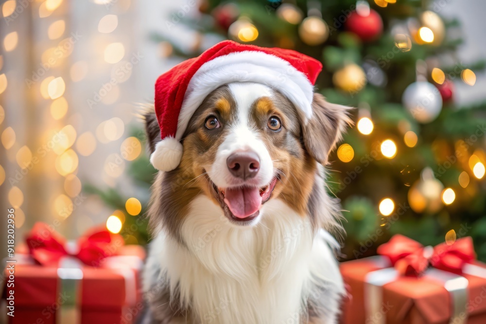 Festive Dog in Santa Hat Under Christmas Tree. Festive Dog in Santa Hat Under Christmas Tree.