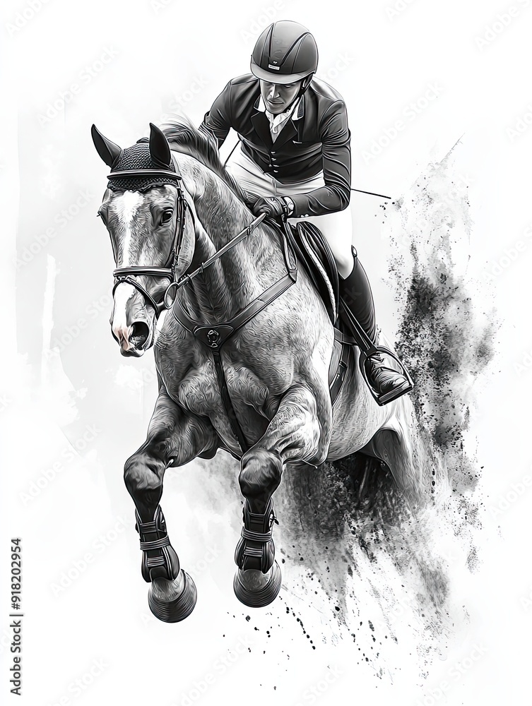 A horse rider jumping over an obstacle in an equestrian competition, the horse's muscles tensed A horse rider jumping over an obstacle in an equestrian competition, the horse's muscles tensed
