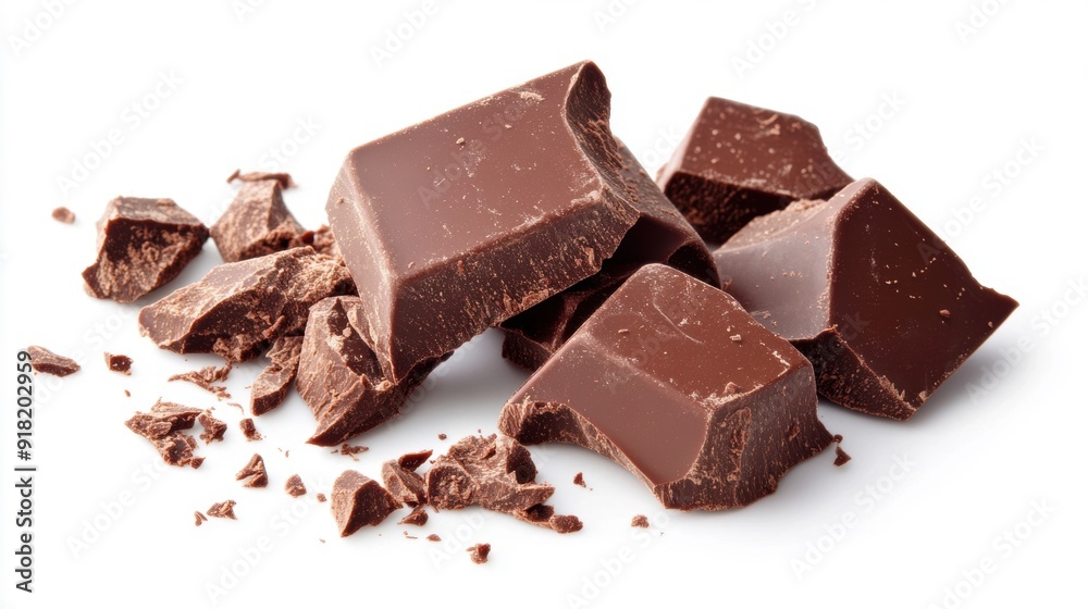 Dark chocolate bar pieces are scattered across a clean white surface, showing a rich texture and delicious appearance Dark chocolate bar pieces are scattered across a clean white surface, showing a rich texture and delicious appearance