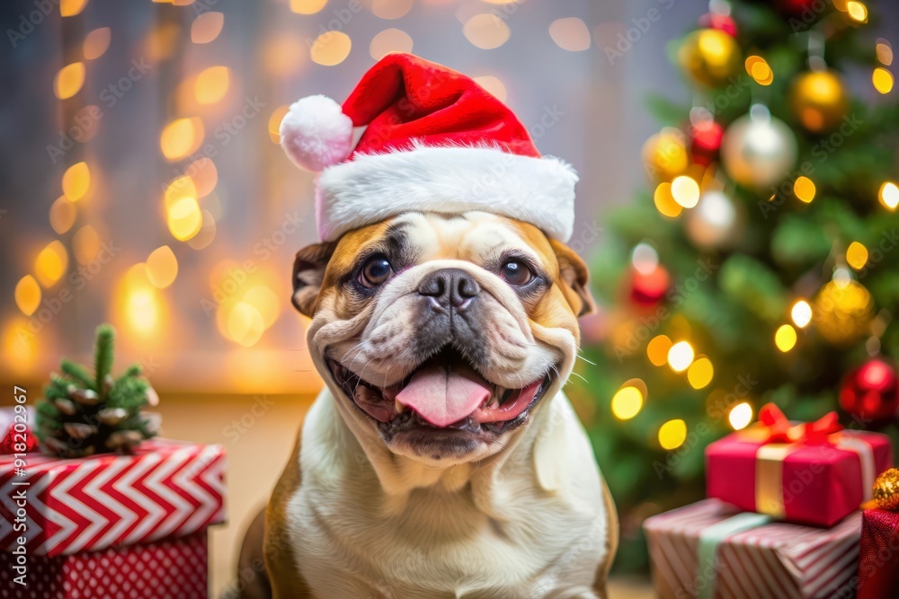 Bulldog in Santa Hat with Christmas Lights and Presents. Bulldog in Santa Hat with Christmas Lights and Presents.
