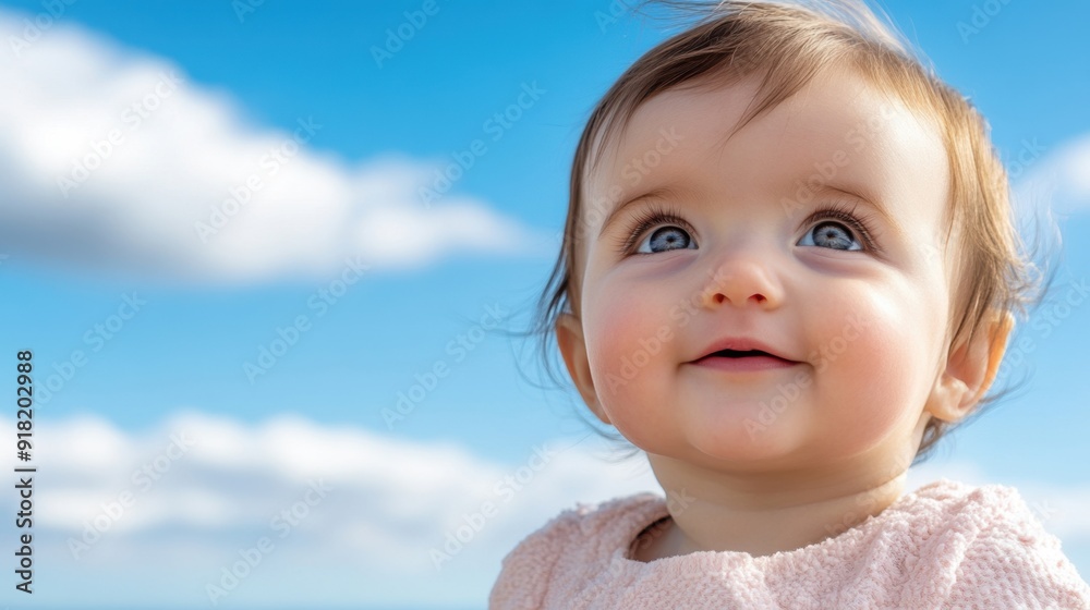 A happy baby girl enjoys the moment, smiling against a beautiful blue sky A happy baby girl enjoys the moment, smiling against a beautiful blue sky