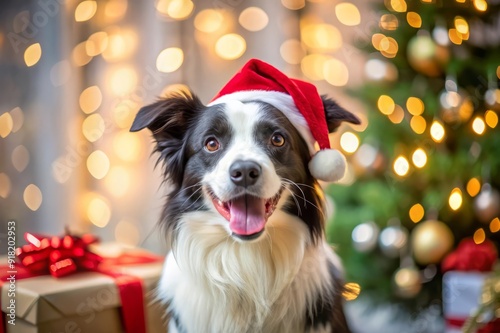 Happy Dog in Santa Hat for Christmas.