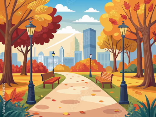 City park walkway with autumn trees, bushes, benches, lanterns 