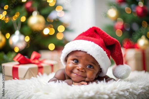 Adorable Baby in Santa Hat under Christmas Tree.