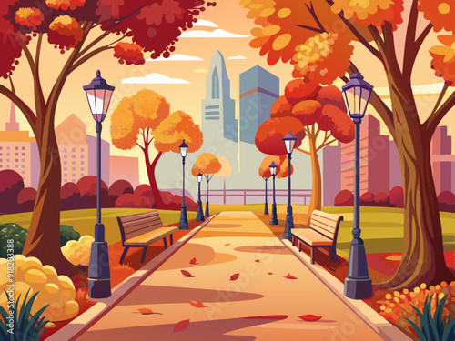 City park walkway with autumn trees, bushes, benches, lanterns 