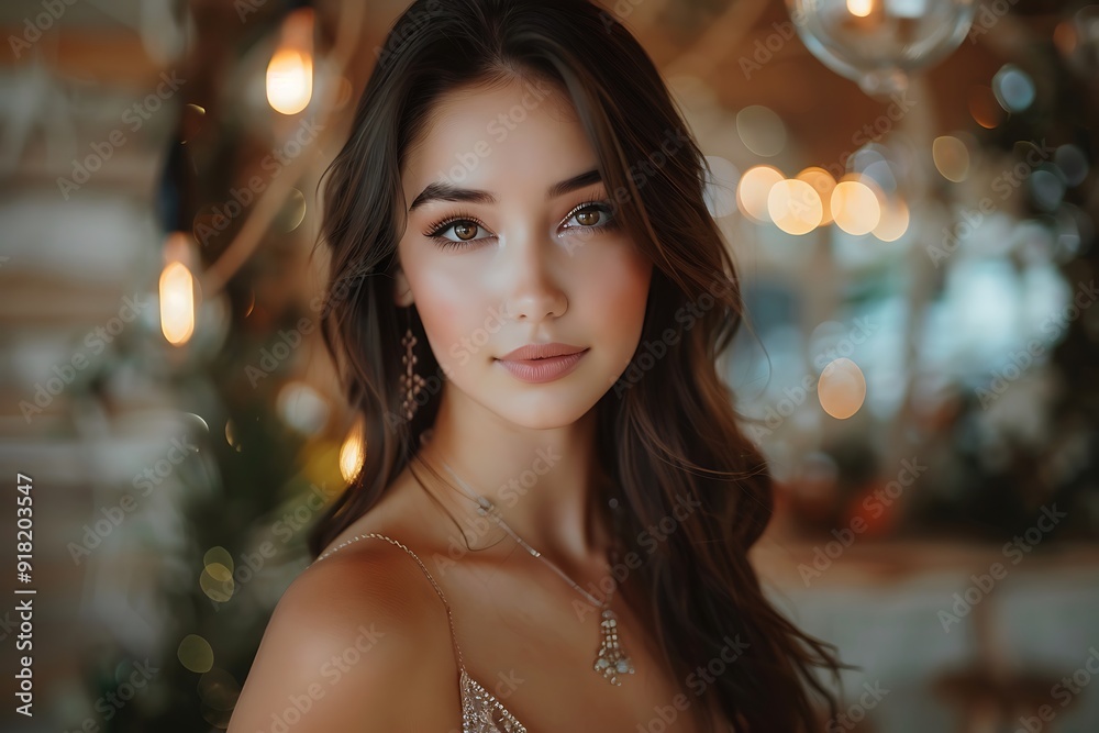 Beautiful Woman with Long Brown Hair Looking at Camera